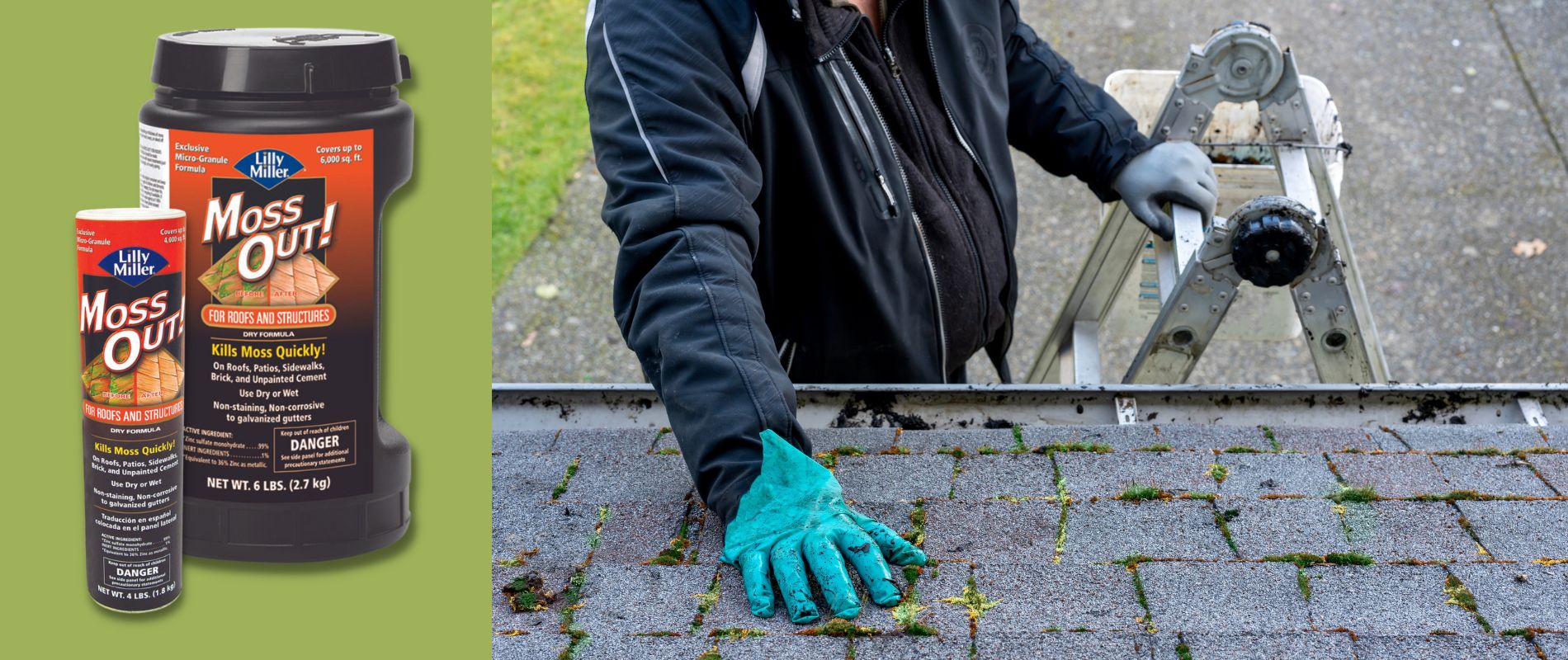 Use Moss-Out for Roofs &#038; Surfaces on roofs, patios, sidewalks, brick, and unpainted cement to kill moss quickly!